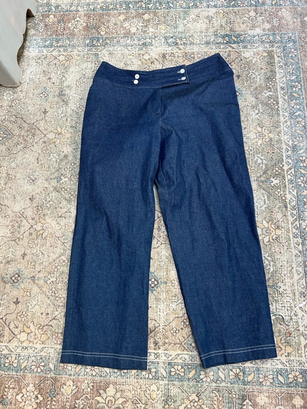 Dark Indigo Wide Leg Button Waist Jeans stretchy